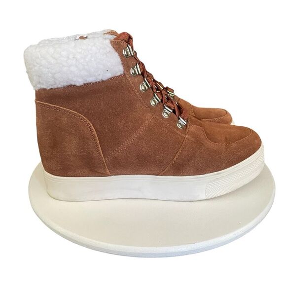 Steve Madden Lakes Wedge Sneaker Faux Fur Sherpa Trim Cognac Suede 8.5M Women's - Picture 4 of 13